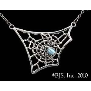 Spider with Gemstone Abdomen Web Necklace, Sterling Silver, Light Blue 