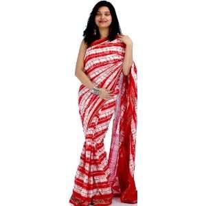  Ivory and Red Ikat Sari from Pochampally   Pure Cotton 