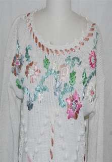   WHITE CROCHET LACE BOTTOM SNOWBALLS EMBROIDERED SWEATER DRESS  