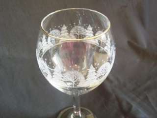 VINTAGE ETCHED GLASS CHRISTMAS GOBLET WITH GOLD TRIM  