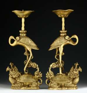 PAIR OF CHINESE CARVED COPPER CANDLE STICK CRANE #4541  