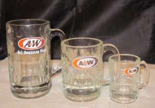 Vintage Collectable A&W ROOT BEER Glass Mugs Sm Med Lg Root beer 