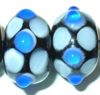 10) USA LAMPWORK GLASS BEAD GL BLACK &WHITE BLUE DOTS  