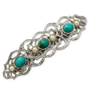   Silver tone Turquoise Cultura Glass Pearl Barrette/Mixed Metal Beauty