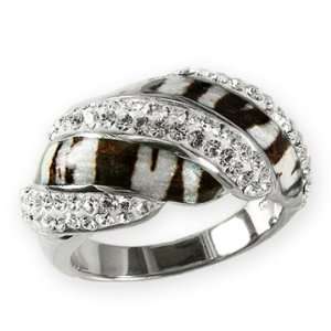 Ashley Arthur 925 Silver White Crystal & Zebra Enamel Swirl Ring Size 