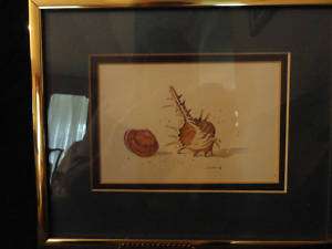 Watercolor print of seashell & Conch shell, framed & matted 10 1/4 X 8 