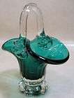 GORGEOUS SMALL GREEN ART GLASS BASKET CLEAR HANDLE
