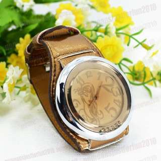 Bling Crystal Quartz Golden Leather Band Womens Wrist Watch with Big 