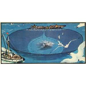 com 1935 Print Purse Seine Fishing Mackerel Seagulls Sea School Fish 