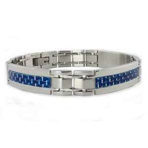   Steel Mens Link Bracelet w/ Blue Carbon Fiber Inlay 8.5 Jewelry