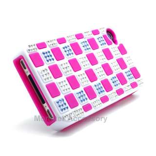 Pink Checker Bling Gem Dual Flex Hard Case Cover For Apple iPhone 4S 