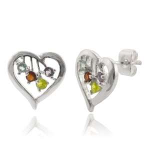    Sterling Silver Multiple Gemstone Heart Stud Earrings Jewelry