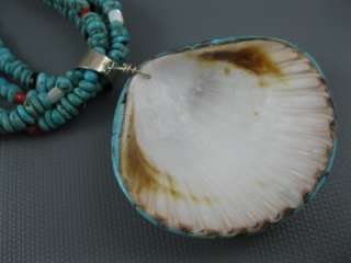 Santo Domingo Sterling Turquoise Coral Inlay Shell Pendant Necklace 