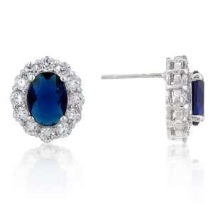  White Gold Rhodium Sapphire & Clear Cz Royal Style Earrings Jewelry