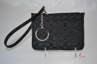 COACH SIGNATURE BLACK ID COIN PURSE KEY FOB RING WALLET CARD HOLDER 