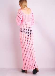 Vtg Pink SHERBET CROCHET Sheer Cutout Kimono BELL Slv Supermodel Maxi 