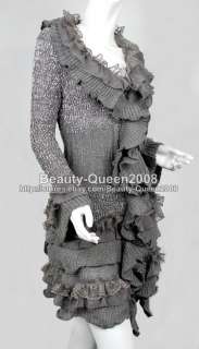 LACE RUFFLE Cardigan LONG Sweater Dress Coat Gray S/M  
