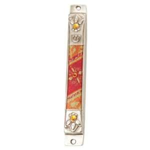   Pewter Mezuzah with Floral Design of Red and Orange 