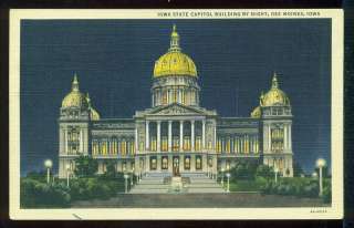 Capitol Building by Night DES MOINES IOWA Postcard  