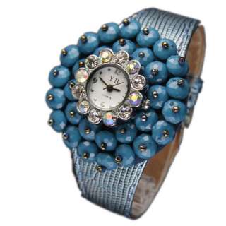 Special Flower Beads Dial Leatheroid 7 Colors Ladys Womens Quartz 