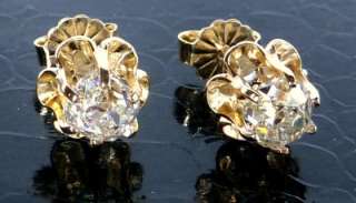 ANTIQUE 14K YELLOW GOLD 1.45CT OLD MINE DIAMOND STUD EARRINGS~FINE NEW 