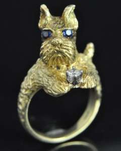   Gold Natural Sapphire Diamond Terrier Dog 3D Cocktail Ring 6.5  