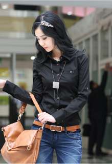 Womens Girls Fashion OL lady Career button Cotton Black shirt Top 