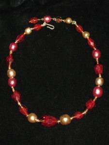   Vintage Deep RED Givre Art Glass & Baroque Pearl Bead Necklace Choker