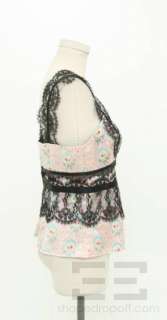 Nanette Lepore Pink Floral Print Silk & Black Lace V Neck Tank Top 