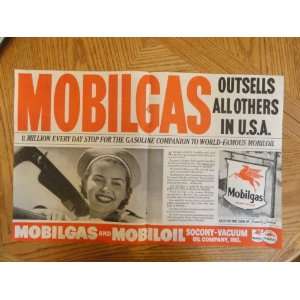 Mobilgas, 1937 magazine print ad,(red horse/woman/car). full 2 page 