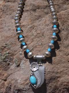 Older Navajo Sterling Silver Turquoise +Heishi Necklace  