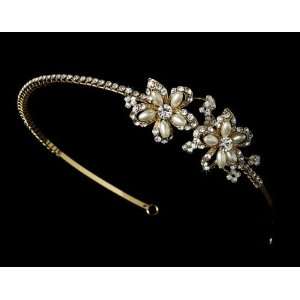  Elegant Gold Headband with Pearl & Crystal Flower Side 