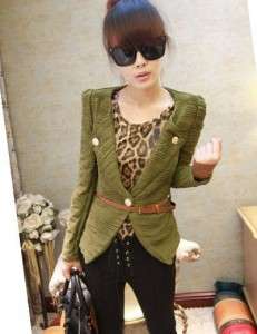 NEW Womens Korean Indie Chic Brown Belted Green Short Coat Jacket 