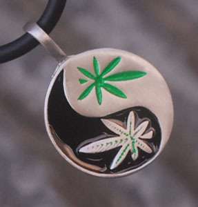Yin Yang Marijuana Pewter Pendant W Black PVC Necklace  