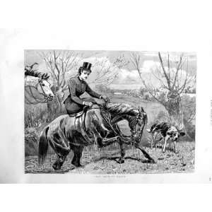  1886 Antique Print Lady Hunting Horse Hounds River