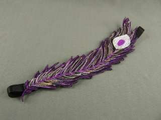 Purple Black peacock feather pattern stretch headband embroidered 