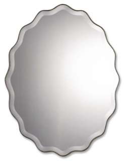 Large Antique Silver Oval Wall Mirror w Ruffled Edges  