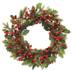  Pine with Holly Cones and Berries Green Red, 26 Inch
