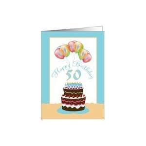  50th Happy Birthday Cake Lit Candles and Balloons Card 