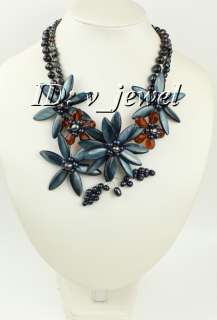 Shell grey pearl crystal flower necklace/earring set VJ  