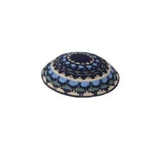  Blue DMC Knitted Kippah with Pink, Green and Grey Stripes 