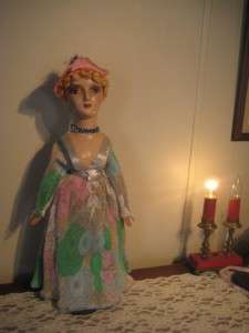 Antique large bed doll boudoir pretty compo with yellow mohair 23 