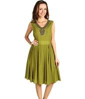 Ellen Tracy   Pleated Fit and Flare Dress w/ Embellished Neckline