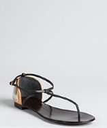Giuseppe Zanotti black and tan leather t strap plate heel sandals 
