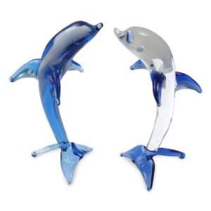    Glass statuettes, Blue Dolphin Dance (pair)