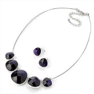 Deep Purple Diamante Wire Necklace And Stud Earring Set (Silver Tone 