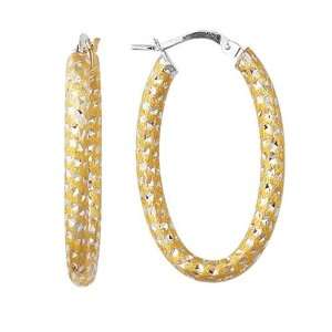  14K 2 Tone Diamond Cut Gold Oval Tube Hoop Earrings (37 x 