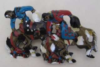   Vintage HAND PAINTED ENAMELED BROOCH Double Bucking Broncos  