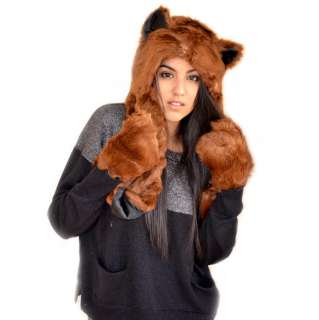 New Winter Trend Faux Fur Animal Ears Hat Snood Scarf Paws Mitten 