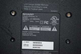 Sharp Aquos LC 26D43U   26 LCD TV   720p 074000363229  
